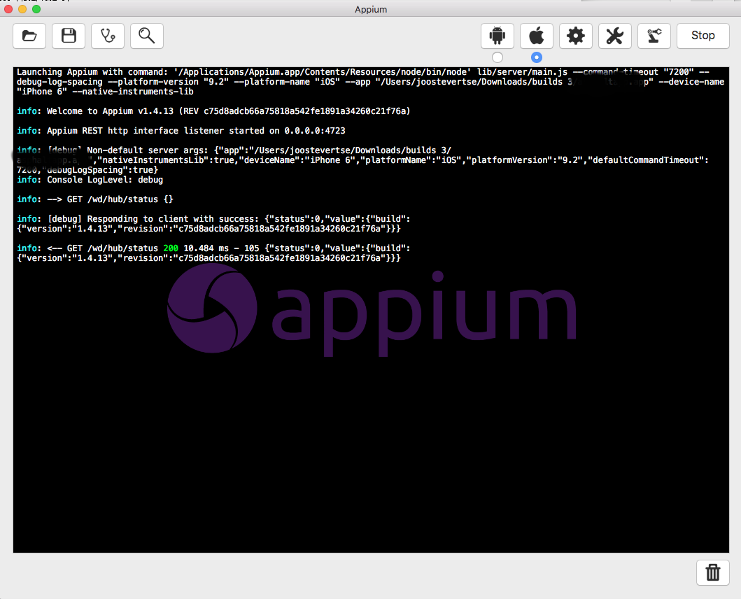 Appium startup screen